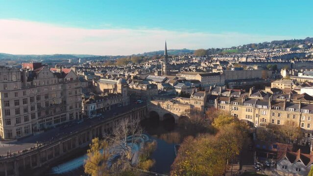Aerial drone shot of city of Bath, England in winter