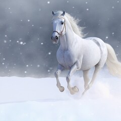 Obraz na płótnie Canvas White horse galloping through the snow winter landscape