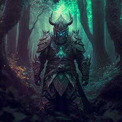 Dwarven warlock warrior in ancient forest of elves. Fantasy 3d character concept. - obrazy, fototapety, plakaty