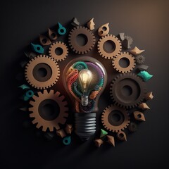 Fototapeta na wymiar Creativity concept. Wooden light bulb with colorful gears and cogs. Idea and inspiration. 3d render.