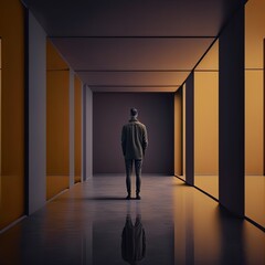 Fototapeta premium Man stands alone in corridor. Loneliness concept idea.