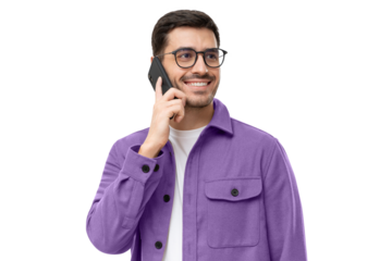 Portrait of handsome young man in purple shirt and glasses, answering phone call, looking aside with smile