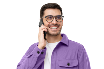 Cheerful young man in purple shirt and glasses, talking on the phone and laughing to joke
