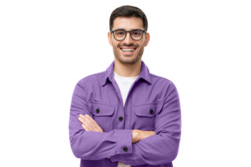 Portrait of young happy laughing man wearing purple shirt and eyeglasses, holding arms crossed