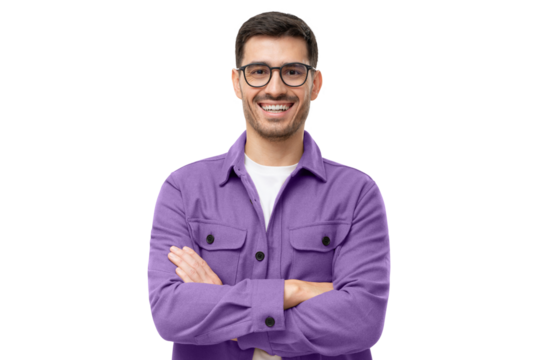 Portrait of young happy laughing man wearing purple shirt and eyeglasses, holding arms crossed