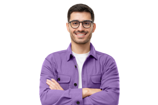 Young handsome smiling man in purple shirt and glasses, feeling confident