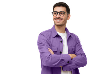 Confident young man looking away, standing with crossed arms isolated on gray