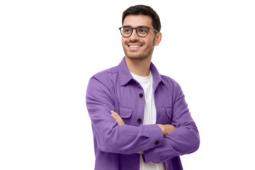 Confident young man looking away, standing with crossed arms isolated on gray