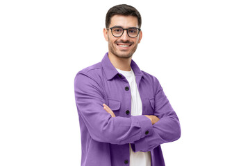 Young hispanic man wearing purple shirt and glasses, looking at camera with positive confident smile, holding arms crossed - obrazy, fototapety, plakaty