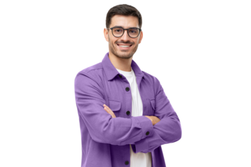 Young hispanic man wearing purple shirt and glasses, looking at camera with positive confident smile, holding arms crossed