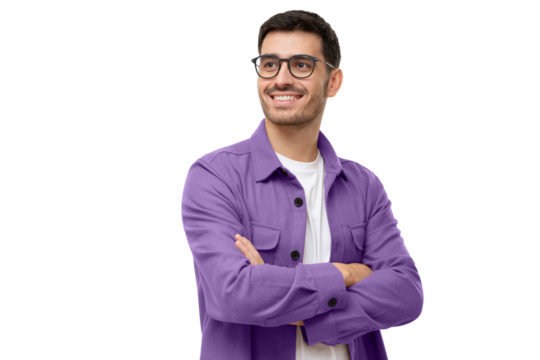 Confident young man looking away, standing with crossed arms isolated on gray