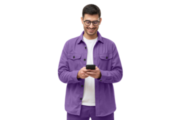 Young man in purple casual shirt looking at phone, standing