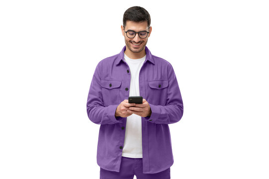 Young Man In Purple Casual Shirt Looking At Phone, Standing