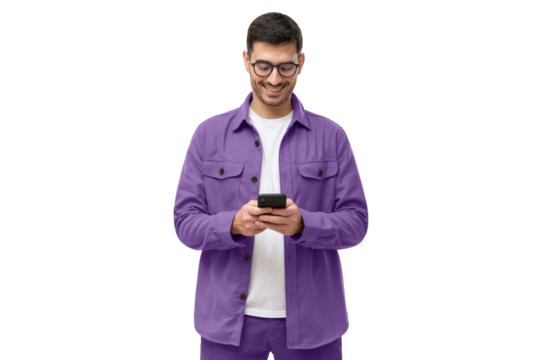 Young man in purple casual shirt looking at phone, standing