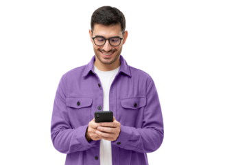Young happy man looking at his phone