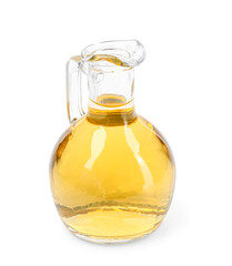 Glass decanter of apple cider vinegar on white background