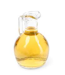 Glass decanter of apple cider vinegar on white background