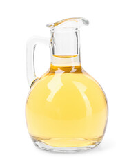 Glass decanter of apple cider vinegar on white background