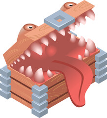 Cute monster chest isometric icons. Isometric chest icon. Chest for game. Chest monster. Wooden chest on white background. Vector game illustration
