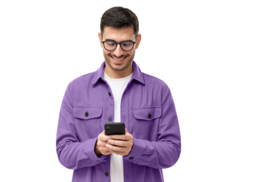 Young happy man looking at his phone
