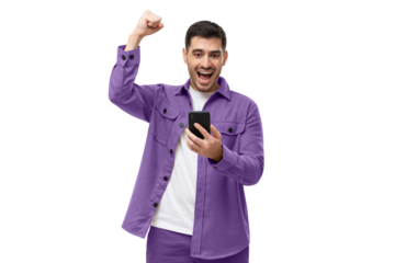 Happy excited sucessful modern man holding phone and raising arm up to celebrate achievement