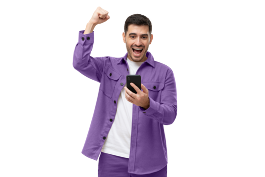 Happy excited sucessful modern man holding phone and raising arm up to celebrate achievement
