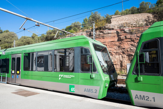 Spain Barcelona November 13, 2022. train Funicular Cremallera - cogwheel road in the mountains of Montserrat