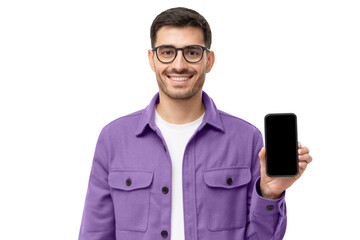 Young smiling man in casual purple shirt showing blank screen smartphone in hand
