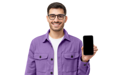 Young smiling man in casual purple shirt showing blank screen smartphone in hand