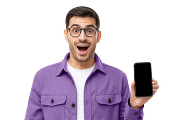 Surprised but excited man showing blank screen of his phone in hand