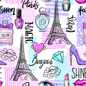Abstract seamless modern pattern with Eiffel Tower and hearts.  Abstract fashion print design in hand drawing style.