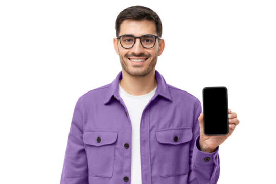 Young smiling man in casual purple shirt showing blank screen smartphone in hand
