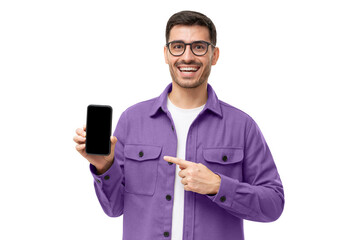 Happy laughing man showing with finger blank smartphone, smiling at camera