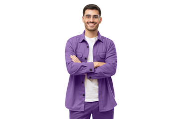 Young male teacher standing with crossed arms, wearing casual purple shirt, looking at camera