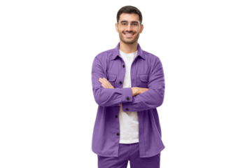 Young male teacher standing with crossed arms, wearing casual purple shirt, looking at camera