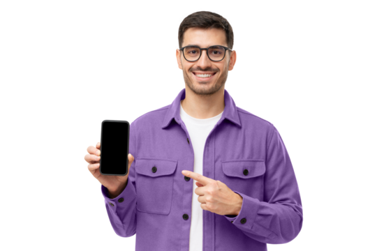Handsome man in purple shirt presenting smart phone and pointing with finger at blank black screen with copy space
