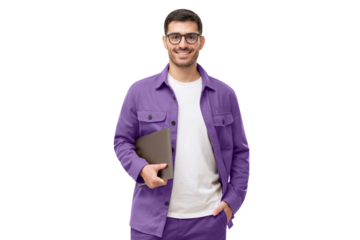 Smiling modern businessman looking at camera through glasses, holding laptop