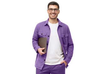 Young smiling modern man or male teacher holding laptop