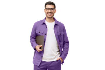 Young smiling modern man or male teacher holding laptop