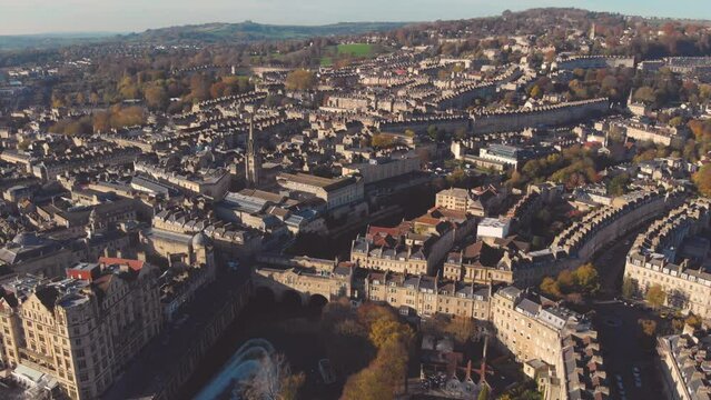 Aerial drone shot of city of Bath, England in winter
