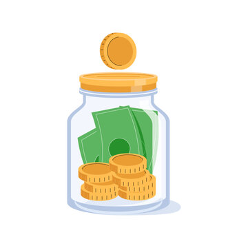 Saving dollar coin in jar. Investing money Personal finance management and financial literacy. Vector illustration