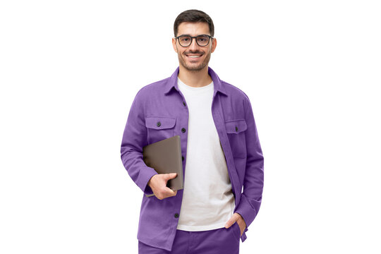 Smiling Modern Businessman Looking At Camera Through Glasses, Holding Laptop