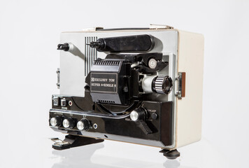 Old movie film projector isolated with clipping path.