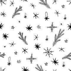 Christmas doodle seamless pattern in line art style. Abstract line drawing.