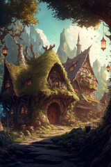 Fantasy forest village illustration, magical storybook town
