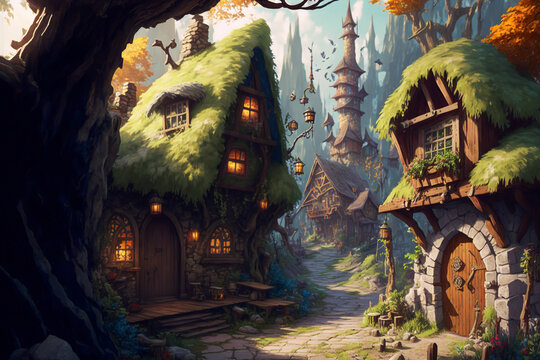 Fantasy forest village illustration, magical storybook town
