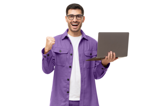 He's a winner! Happy young man in purple shirt looking at laptop screen with victory expression