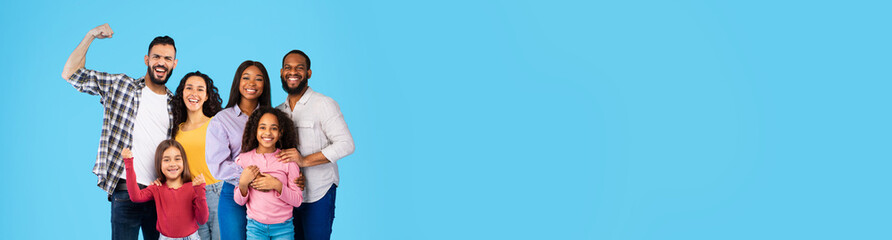 Cheerful middle eastern and black families on blue, collage