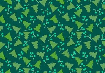 Winter Christmas tree seamless berries branches pattern for wrapping paper and fabrics and linens and kids