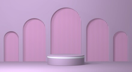Empty minimalistic purple podium with white rim in studio lighting. Single cylinder on a purple background with an rounded arches. 3d render